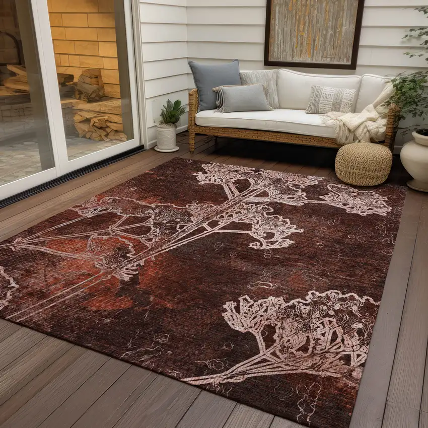 Merlot And Beige Floral Washable Indoor Outdoor Area Rug Photo 9
