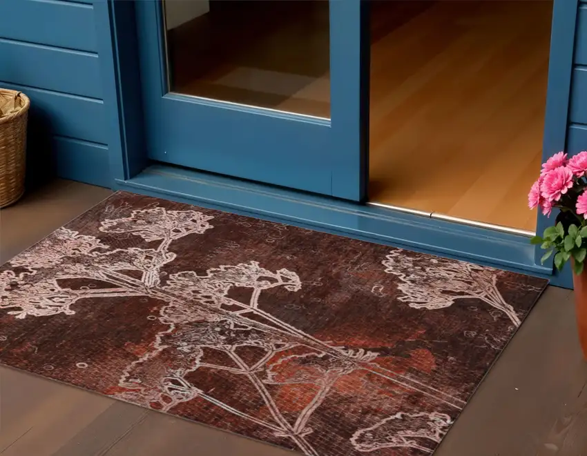 Merlot And Beige Floral Washable Indoor Outdoor Area Rug Photo 1