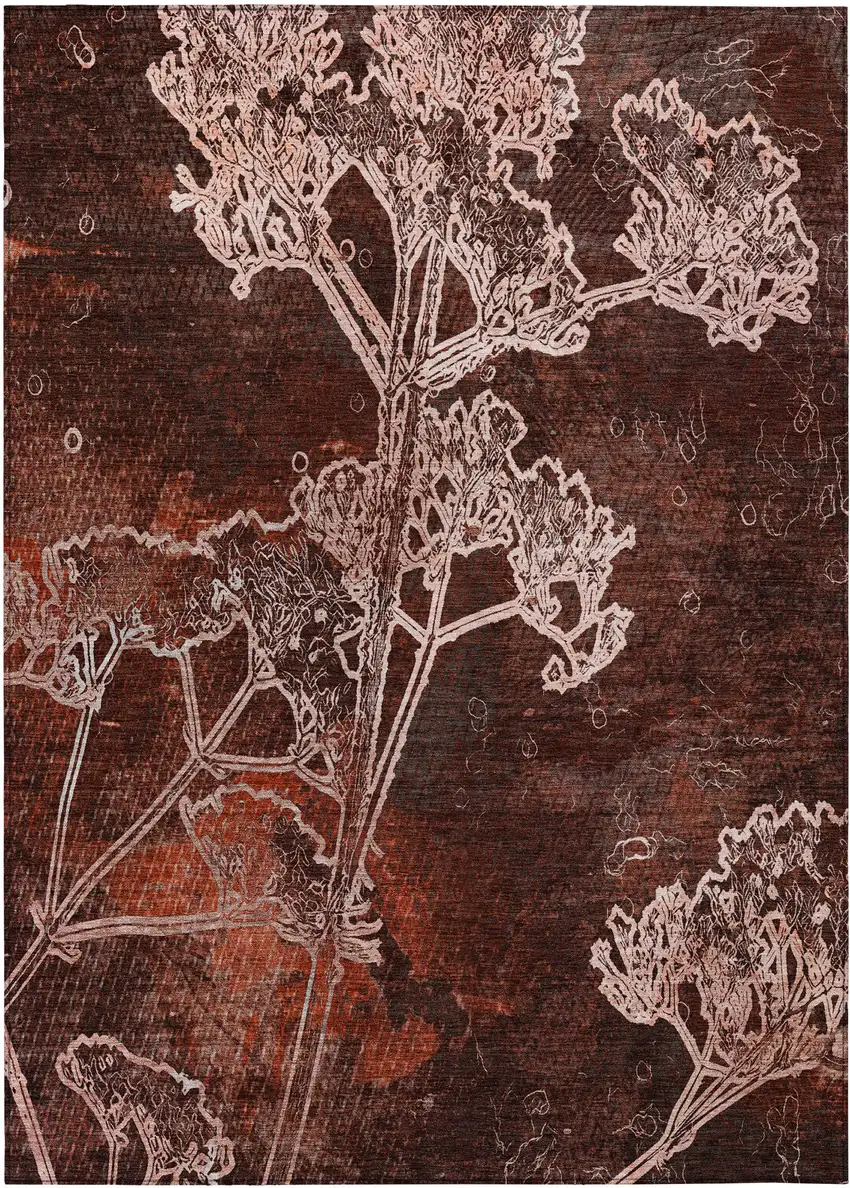 Merlot And Beige Floral Washable Indoor Outdoor Area Rug Photo 2