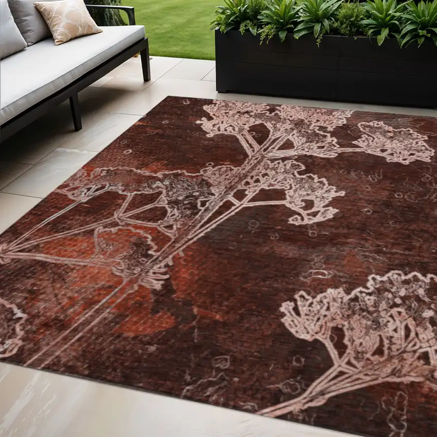 Merlot And Beige Floral Washable Indoor Outdoor Area Rug Photo 1
