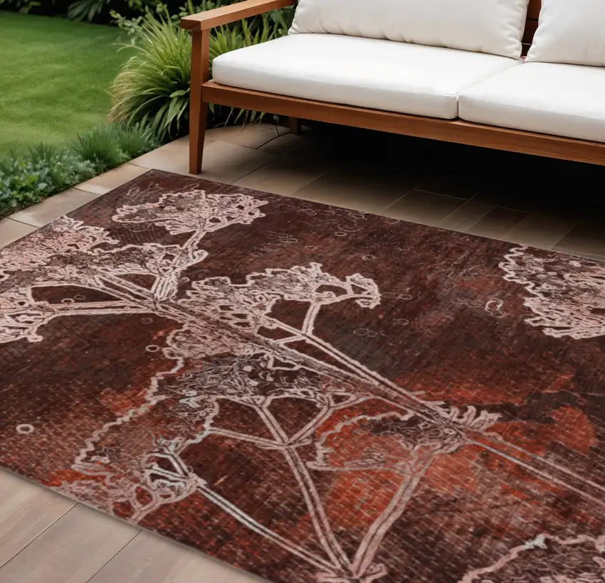 Merlot And Beige Floral Washable Indoor Outdoor Area Rug Photo 1