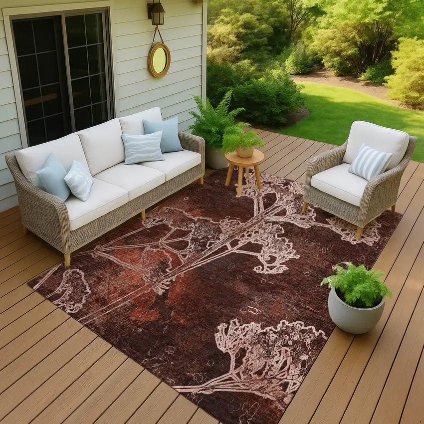 Merlot And Beige Floral Washable Indoor Outdoor Area Rug Photo 8