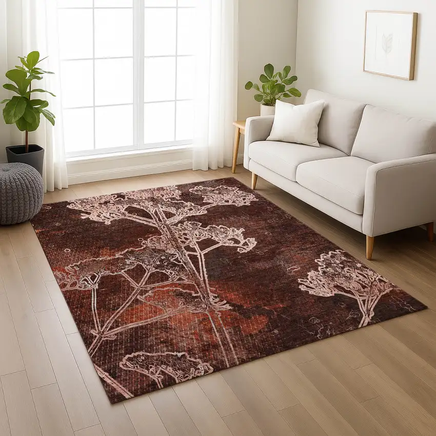 Merlot And Beige Floral Washable Indoor Outdoor Area Rug Photo 8