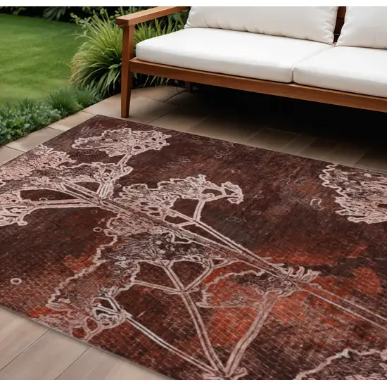 Merlot And Beige Floral Washable Indoor Outdoor Area Rug Photo 1