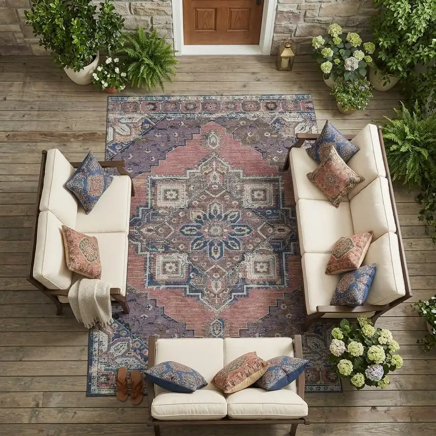 Merlot And Gold Oriental Washable Indoor Outdoor Area Rug Photo 1