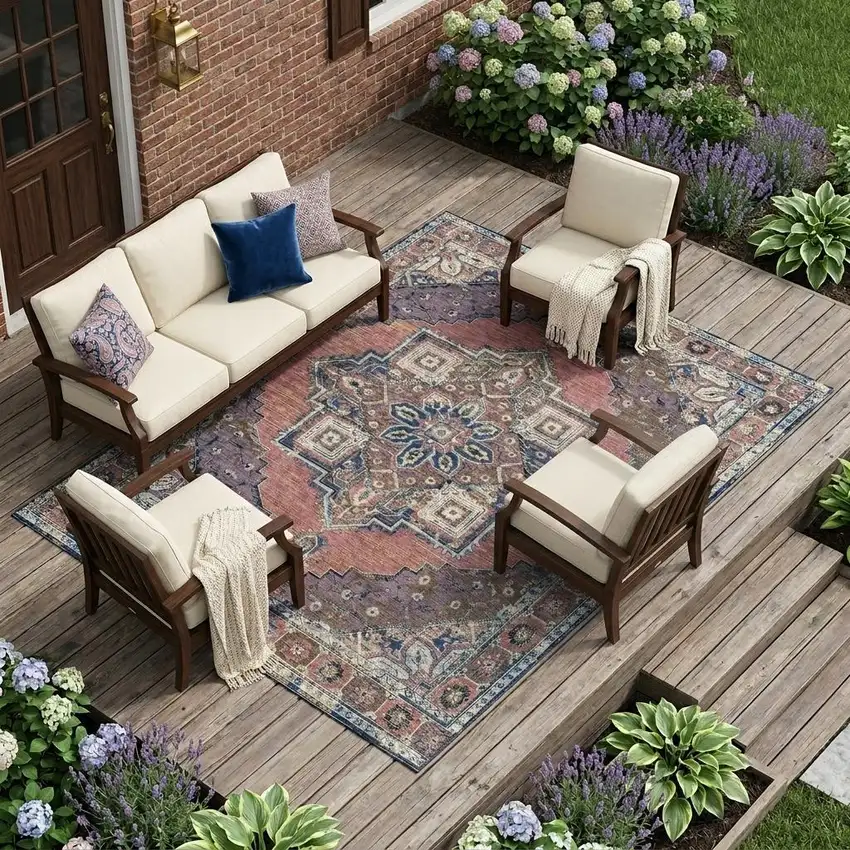 Merlot And Gold Oriental Washable Indoor Outdoor Area Rug Photo 1