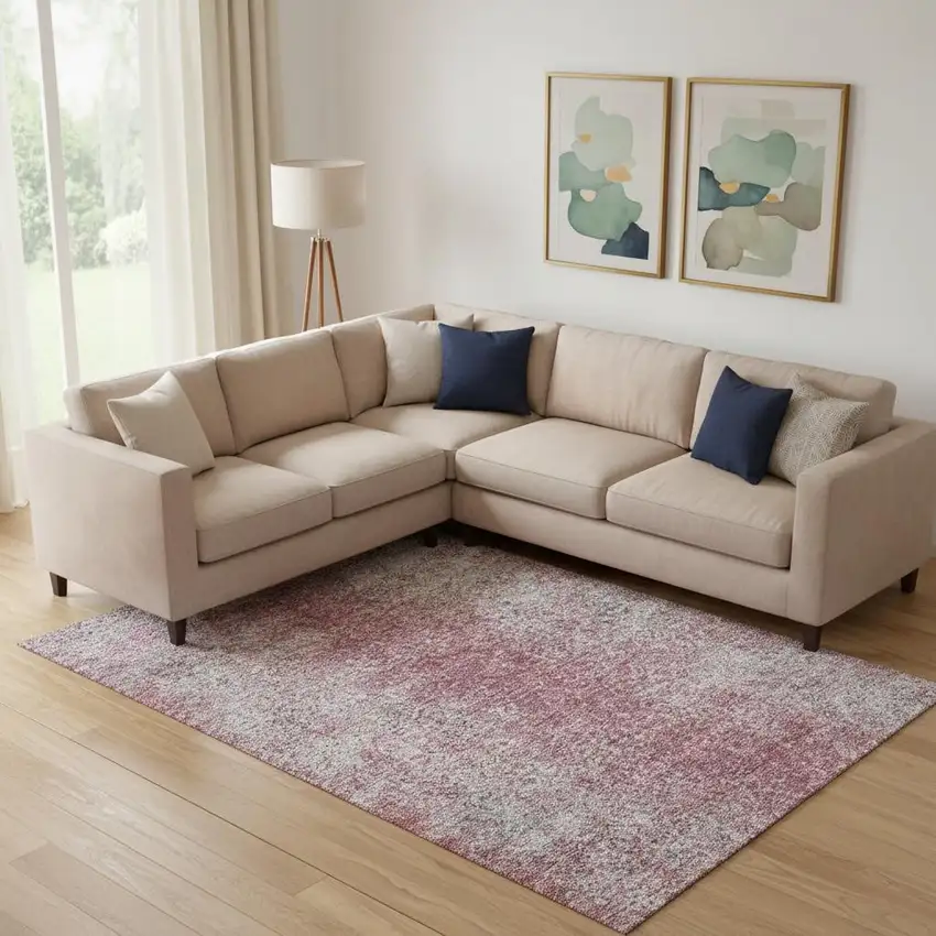 Merlot And Gray Abstract Washable Area Rug With UV Protection Photo 1