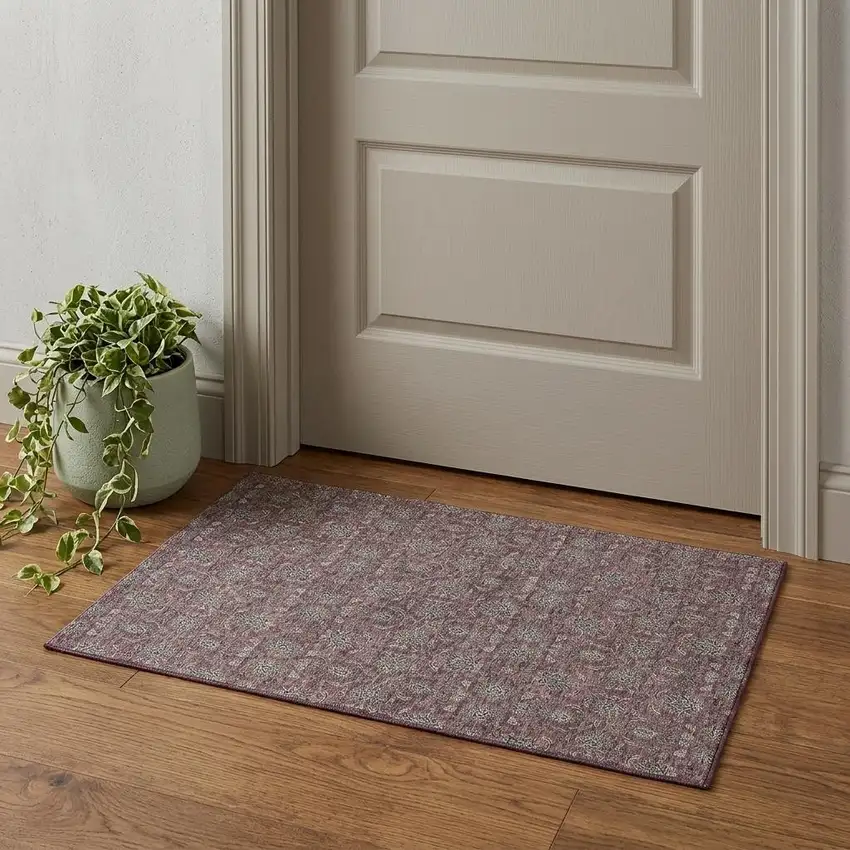 Merlot And Gray Floral Washable Area Rug With UV Protection Photo 1