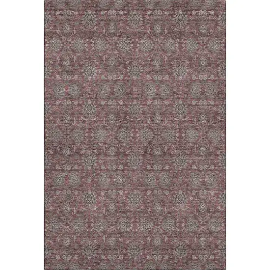 Merlot And Gray Floral Washable Area Rug With UV Protection Photo 1