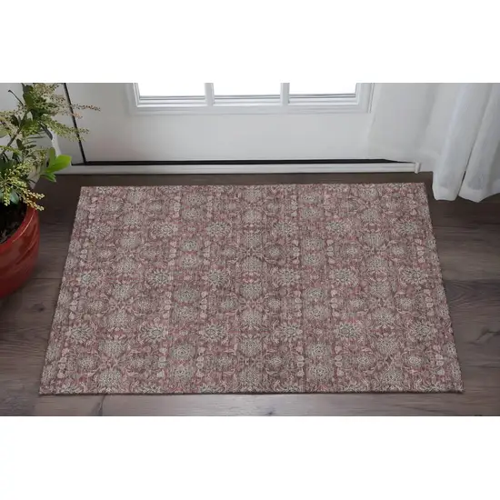 Merlot And Gray Floral Washable Area Rug With UV Protection Photo 2