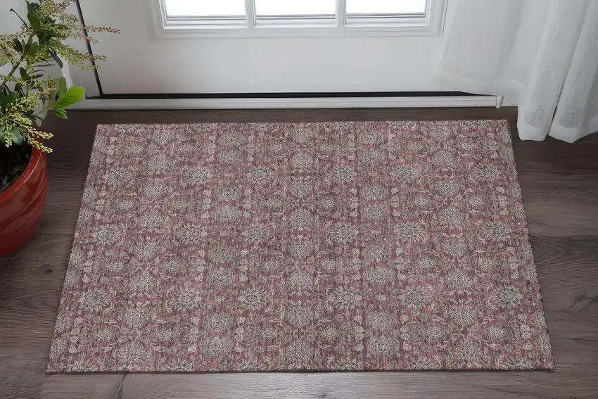 Merlot And Gray Floral Washable Area Rug With UV Protection Photo 2