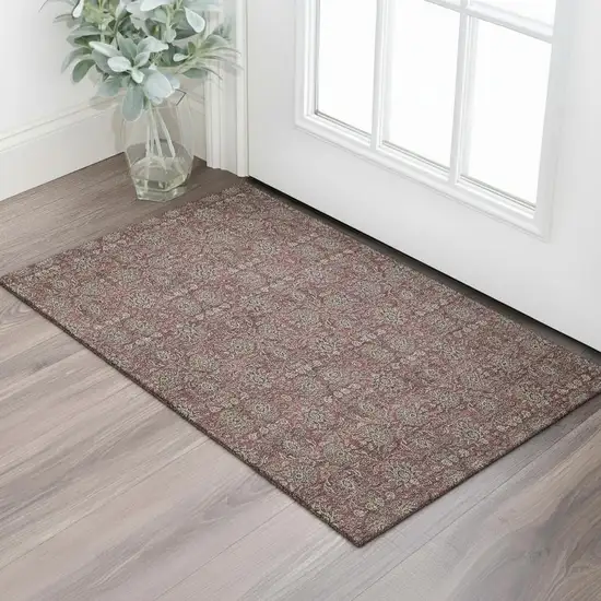 Merlot And Gray Floral Washable Area Rug With UV Protection Photo 1