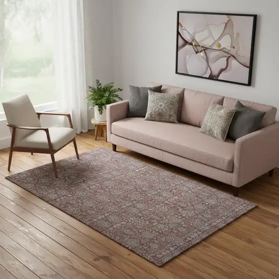 Merlot And Gray Floral Washable Area Rug With UV Protection Photo 1