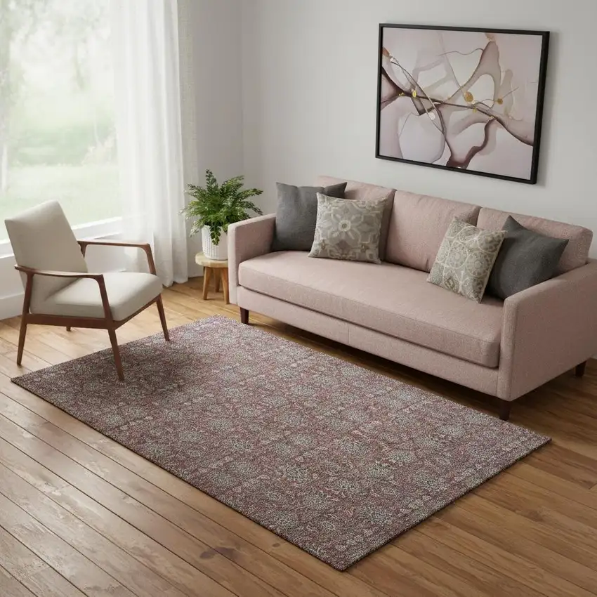 Merlot And Gray Floral Washable Area Rug With UV Protection Photo 1