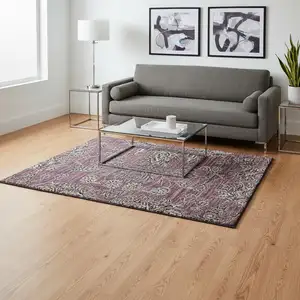 Photo of Merlot And Gray Floral Washable Area Rug With UV Protection