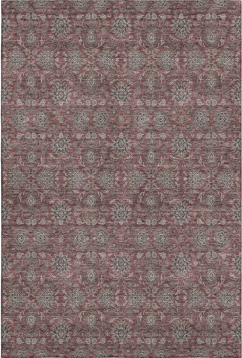 Merlot And Gray Floral Washable Area Rug With UV Protection Photo 2