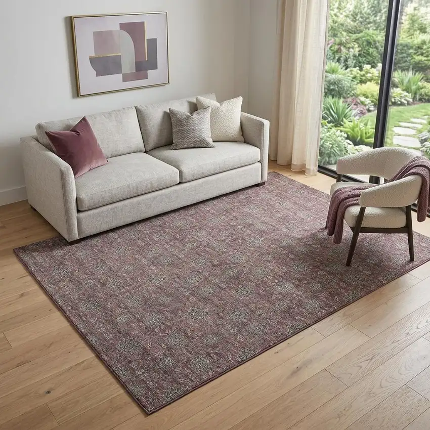 Merlot And Gray Floral Washable Area Rug With UV Protection Photo 1