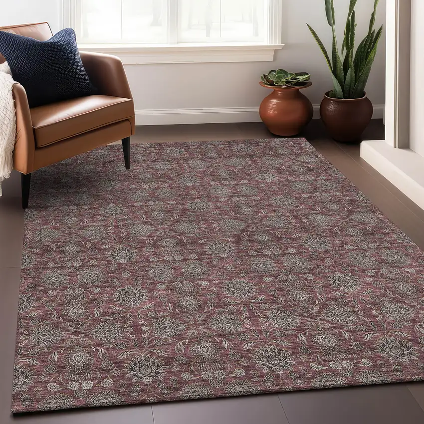 Merlot And Gray Floral Washable Area Rug With UV Protection Photo 5