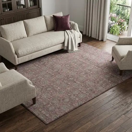 Merlot And Gray Floral Washable Area Rug With UV Protection Photo 1
