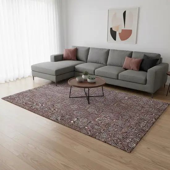 Merlot And Gray Floral Washable Area Rug With UV Protection Photo 3