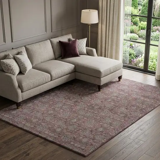 Merlot And Gray Floral Washable Area Rug With UV Protection Photo 1