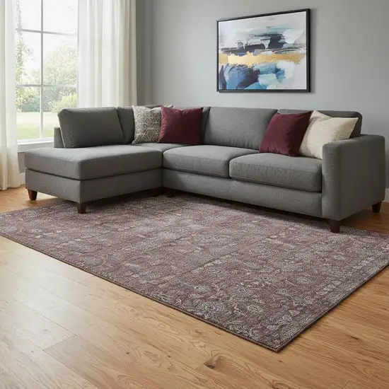 Merlot And Gray Floral Washable Area Rug With UV Protection Photo 1