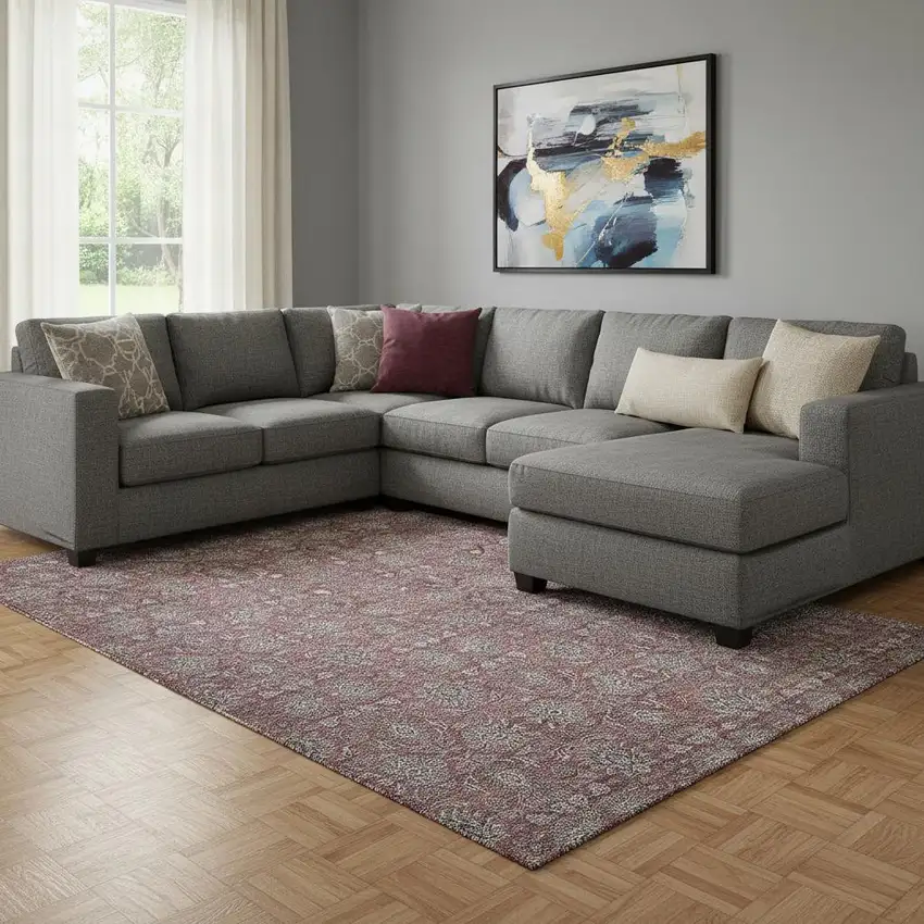 Merlot And Gray Floral Washable Area Rug With UV Protection Photo 1