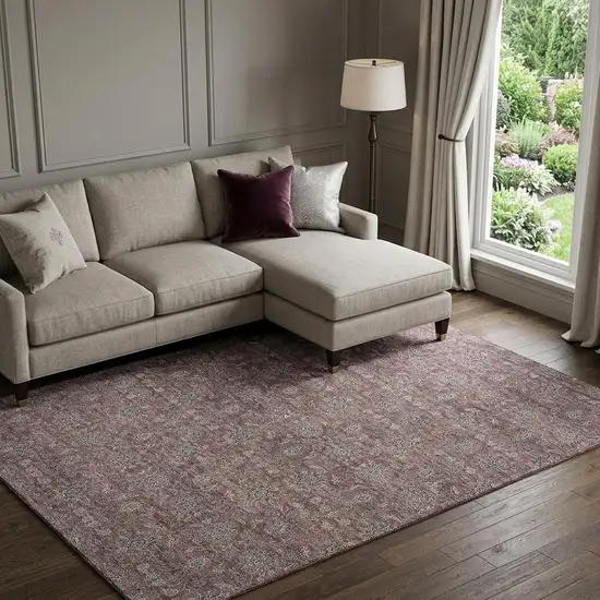 Merlot And Gray Floral Washable Area Rug With UV Protection Photo 1