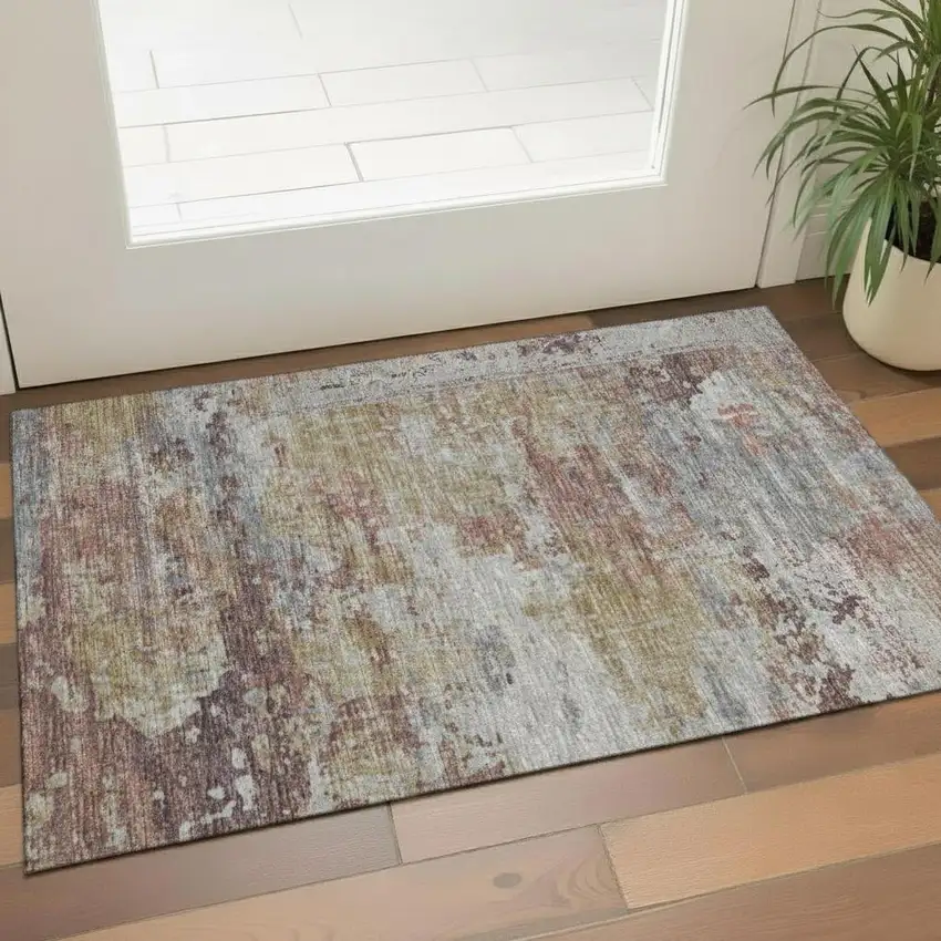 Merlot And Gray Oriental Washable Area Rug With UV Protection Photo 2