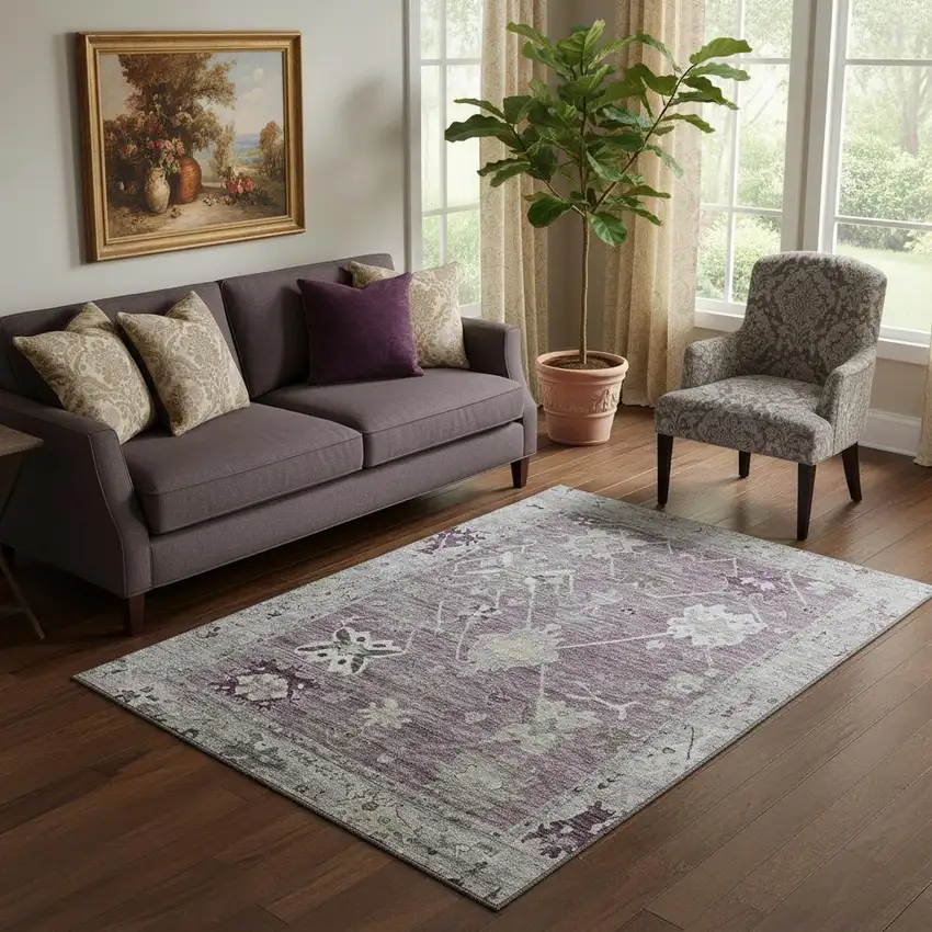 Merlot And Gray Oriental Washable Area Rug With UV Protection Photo 2