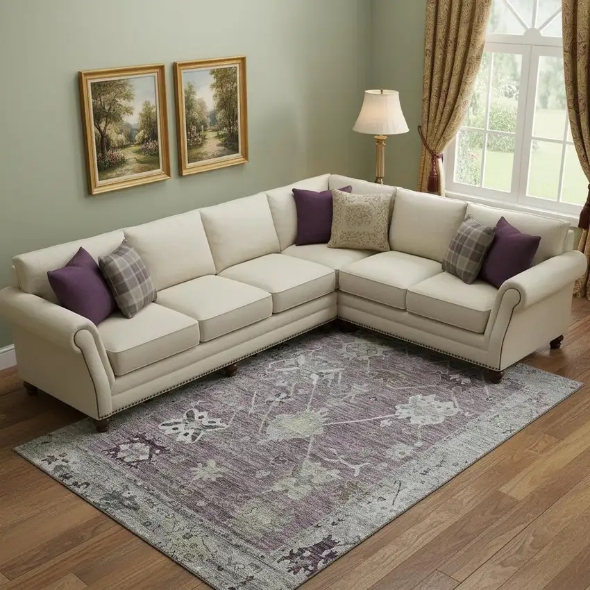 Merlot And Gray Oriental Washable Area Rug With UV Protection Photo 2