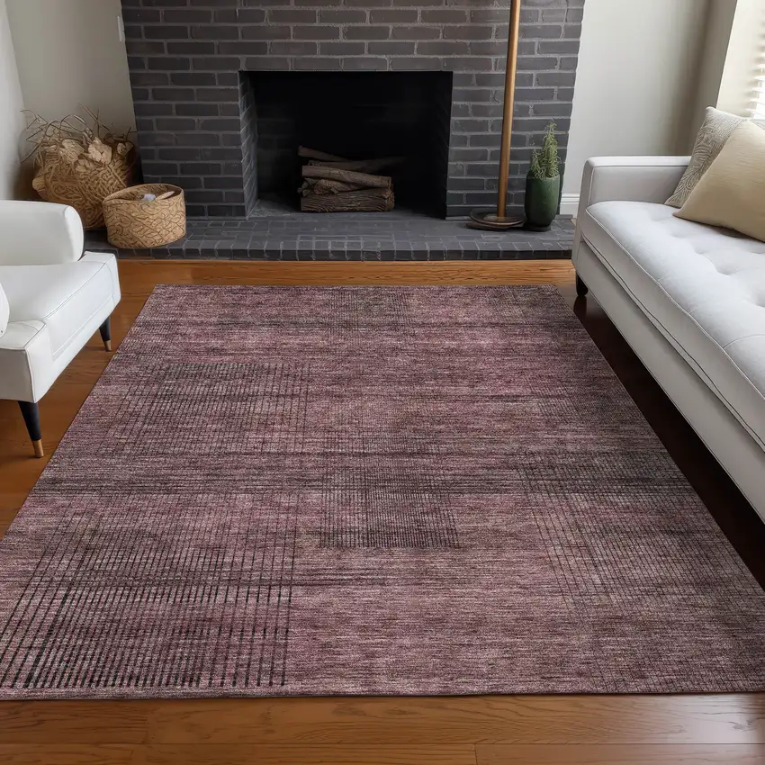 Merlot And Gray Striped Washable Area Rug With UV Protection Photo 2