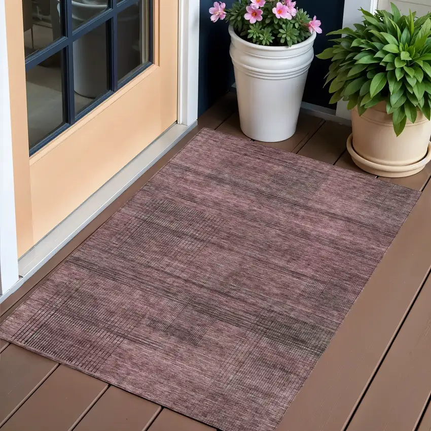 Merlot And Gray Striped Washable Indoor Outdoor Area Rug Photo 1