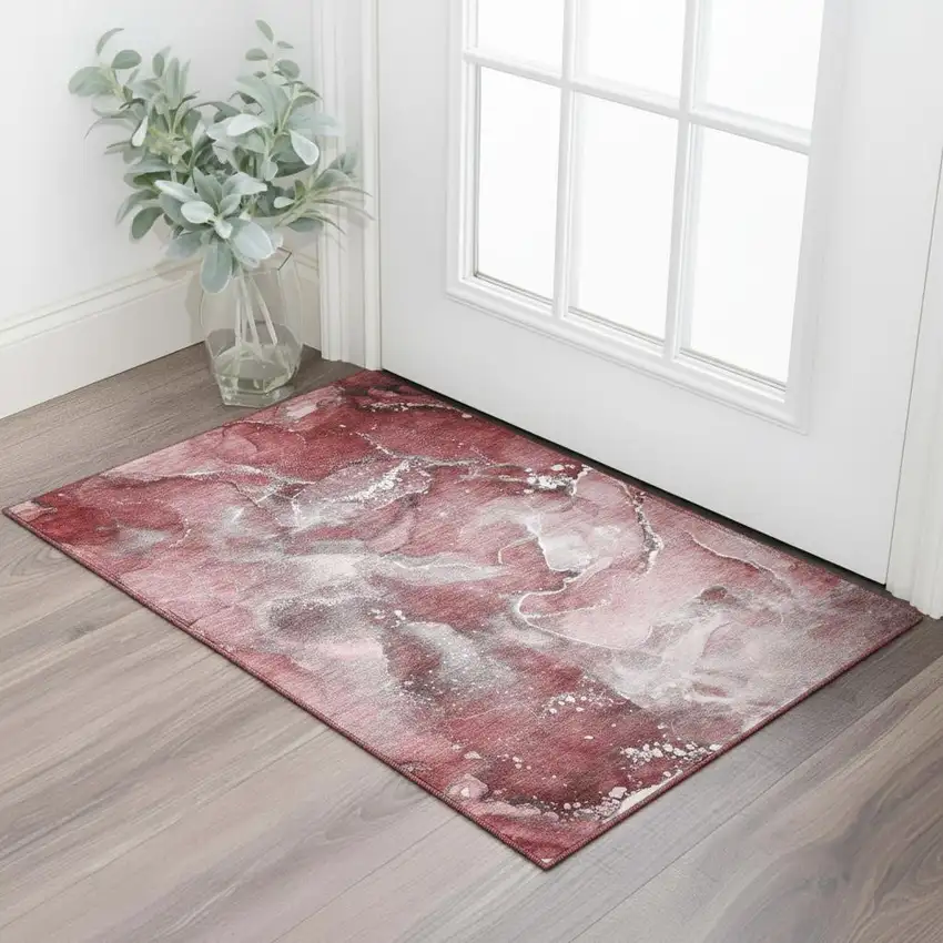 Merlot And Ivory Abstract Washable Area Rug With UV Protection Photo 1