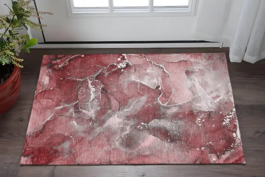 Merlot And Ivory Abstract Washable Area Rug With UV Protection Photo 2