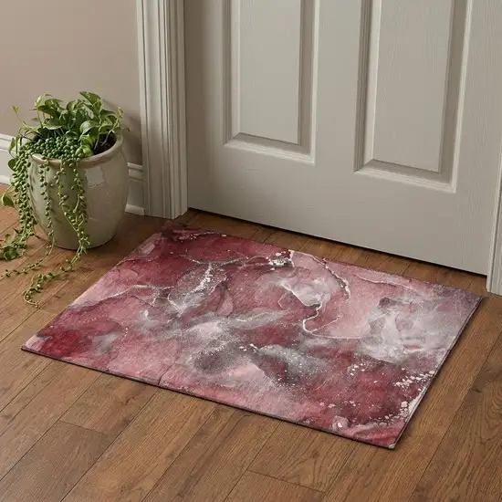 Merlot And Ivory Abstract Washable Area Rug With UV Protection Photo 1