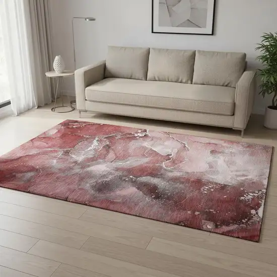 Merlot And Ivory Abstract Washable Area Rug With UV Protection Photo 2