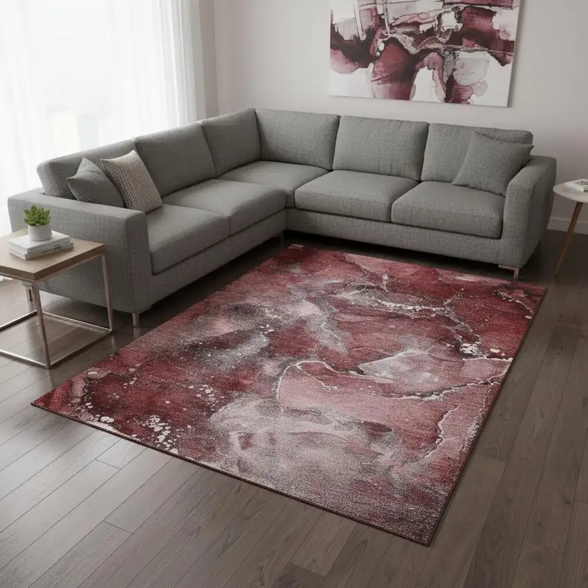 Merlot And Ivory Abstract Washable Area Rug With UV Protection Photo 2