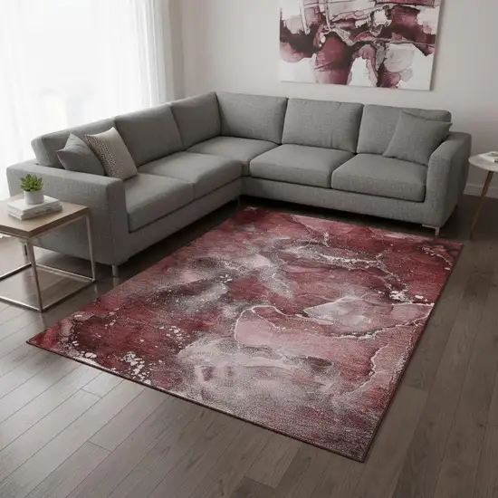 Merlot And Ivory Abstract Washable Area Rug With UV Protection Photo 2