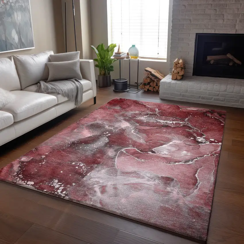 Merlot And Ivory Abstract Washable Area Rug With UV Protection Photo 9