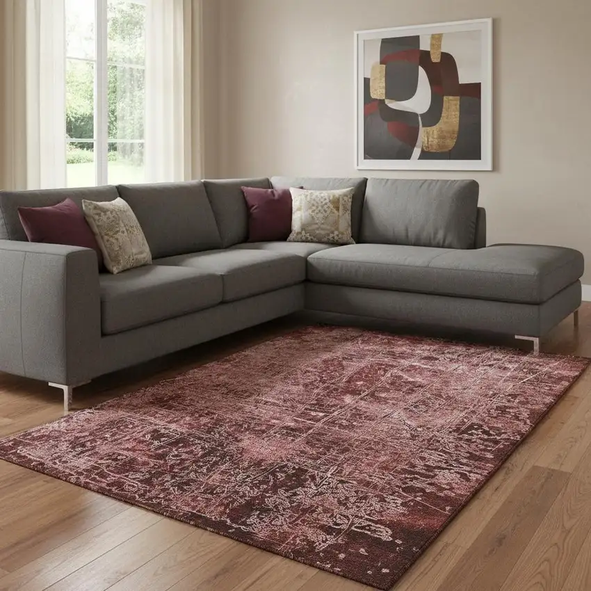 Merlot And Ivory Abstract Washable Area Rug With UV Protection Photo 1