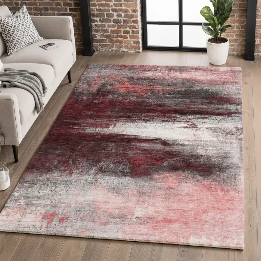 Merlot And Ivory Abstract Washable Area Rug With UV Protection Photo 1