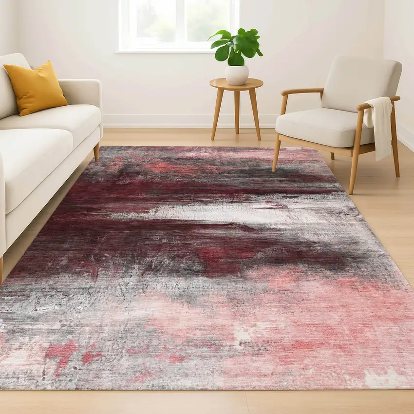 Merlot And Ivory Abstract Washable Area Rug With UV Protection Photo 2