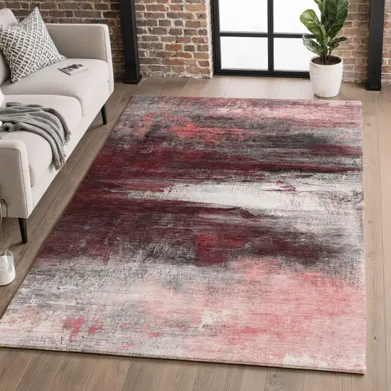Merlot And Ivory Abstract Washable Area Rug With UV Protection Photo 1