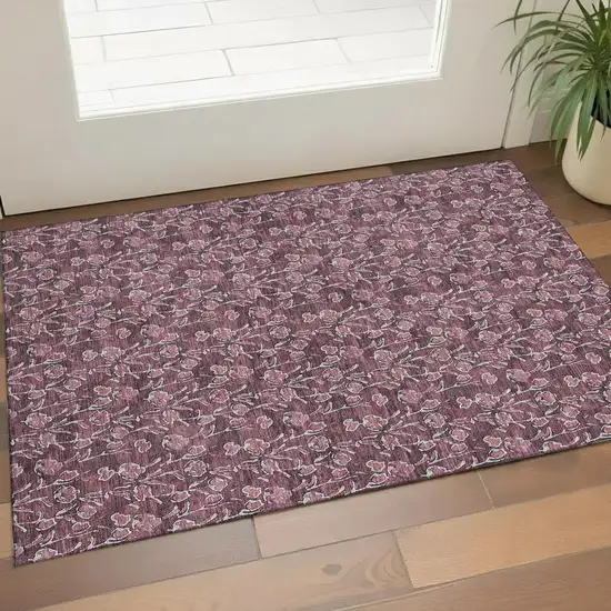 Merlot And Ivory Floral Washable Area Rug With UV Protection Photo 1