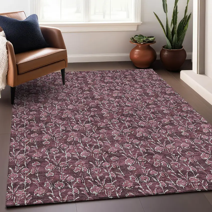 Merlot And Ivory Floral Washable Area Rug With UV Protection Photo 5