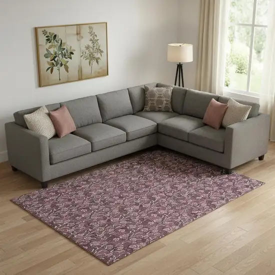 Merlot And Ivory Floral Washable Area Rug With UV Protection Photo 1