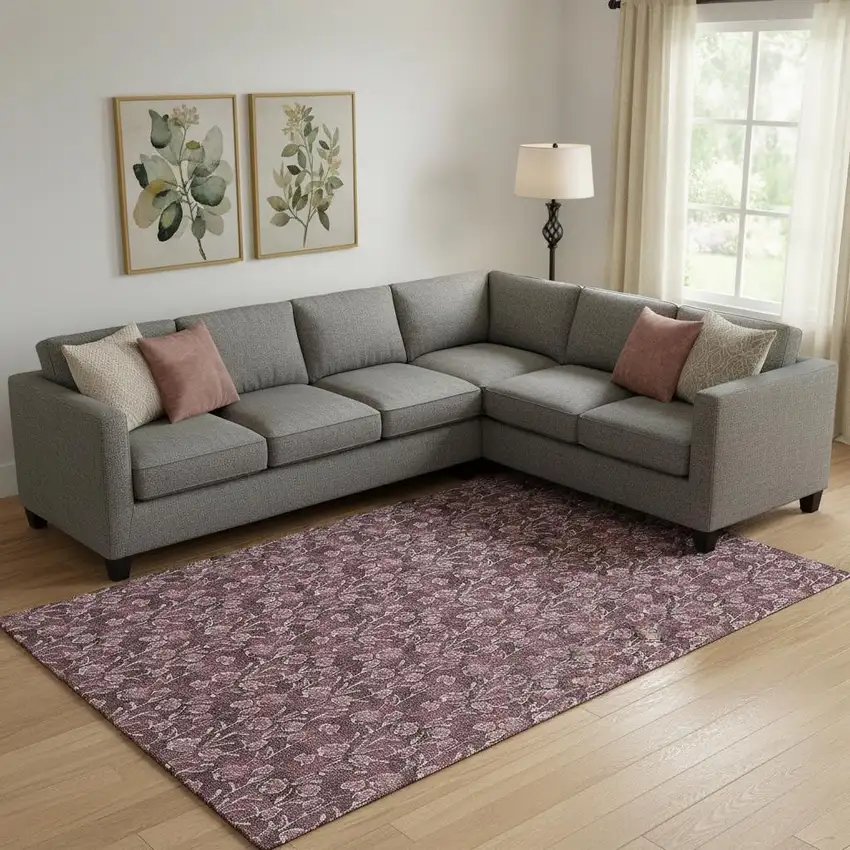 Merlot And Ivory Floral Washable Area Rug With UV Protection Photo 1