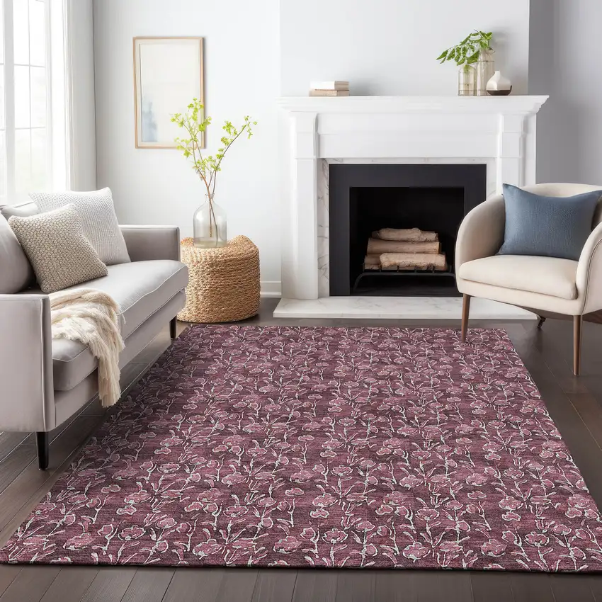 Merlot And Ivory Floral Washable Area Rug With UV Protection Photo 4