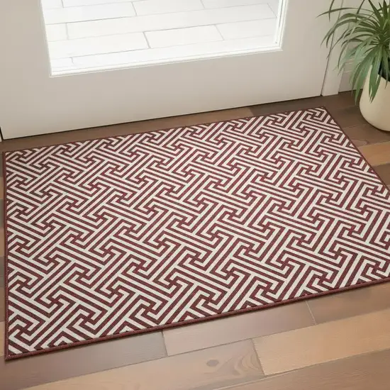 Merlot And Ivory Geometric Washable Area Rug With UV Protection Photo 2